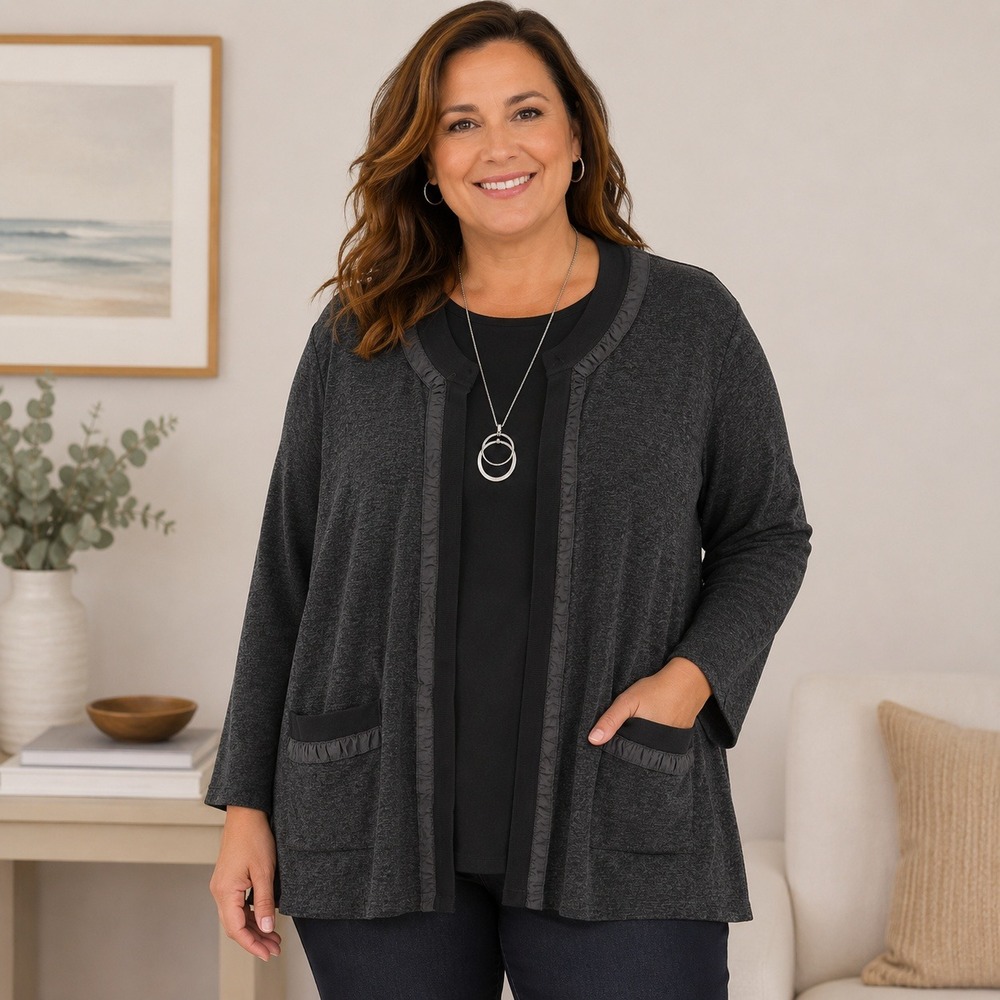Exclusively Misook 2X Heather Gray Open Front Cardigan‎ Lightweight Travel Knit